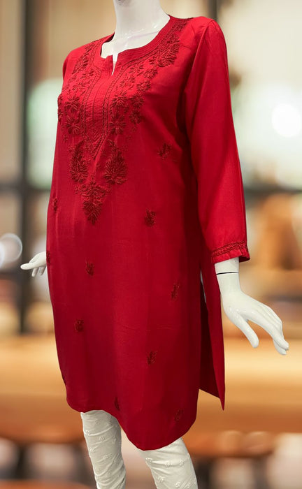 Chanderi Deep Red Rose pattern embroidered Chikankari Kurti – winkandwish